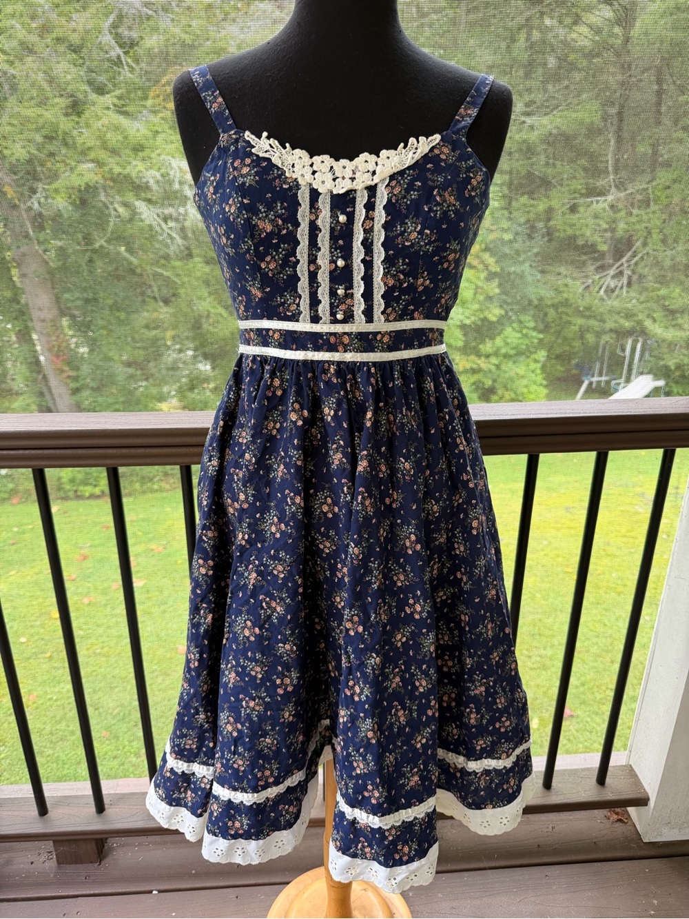 VTG 70s Gunne Sax Jessica McClintock Navy Blue Ditsy Floral Prairie Sundress